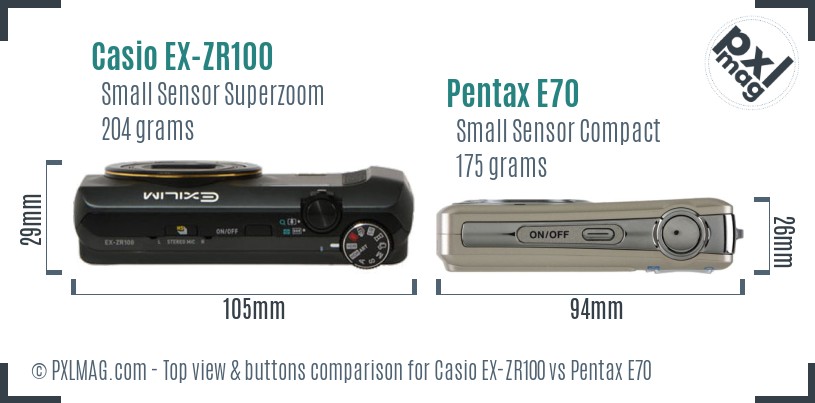 Casio EX-ZR100 vs Pentax E70 top view buttons comparison
