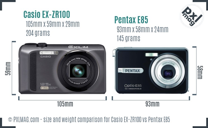 Casio EX-ZR100 vs Pentax E85 size comparison Casio EX-ZR100 vs Pentax E85 size comparison