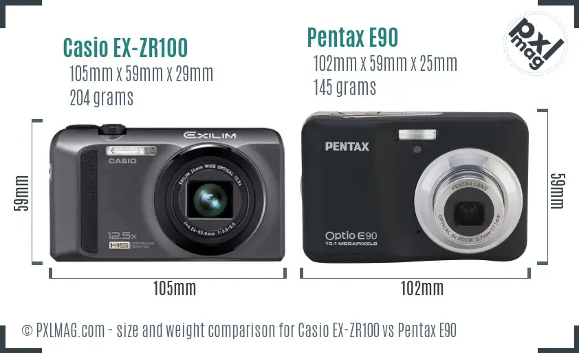 Casio EX-ZR100 vs Pentax E90 size comparison