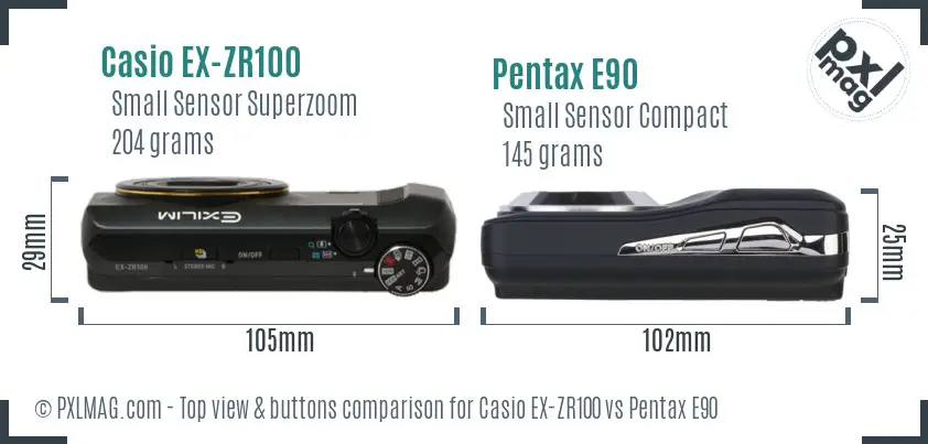 Casio EX-ZR100 vs Pentax E90 top view buttons comparison