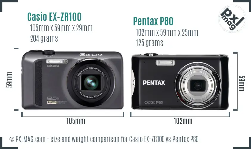 Casio EX-ZR100 vs Pentax P80 size comparison