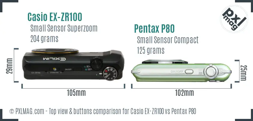 Casio EX-ZR100 vs Pentax P80 top view buttons comparison