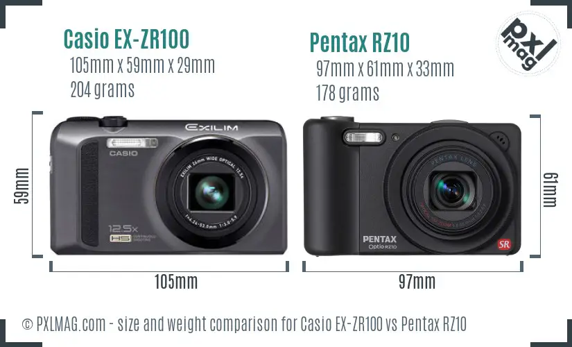 Casio EX-ZR100 vs Pentax RZ10 size comparison Casio EX-ZR100 vs Pentax RZ10 size comparison