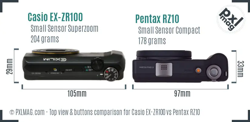 Casio EX-ZR100 vs Pentax RZ10 top view buttons comparison Casio EX-ZR100 vs Pentax RZ10 top view buttons comparison