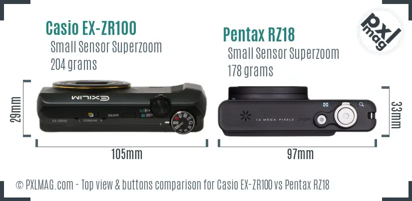 Casio EX-ZR100 vs Pentax RZ18 top view buttons comparison