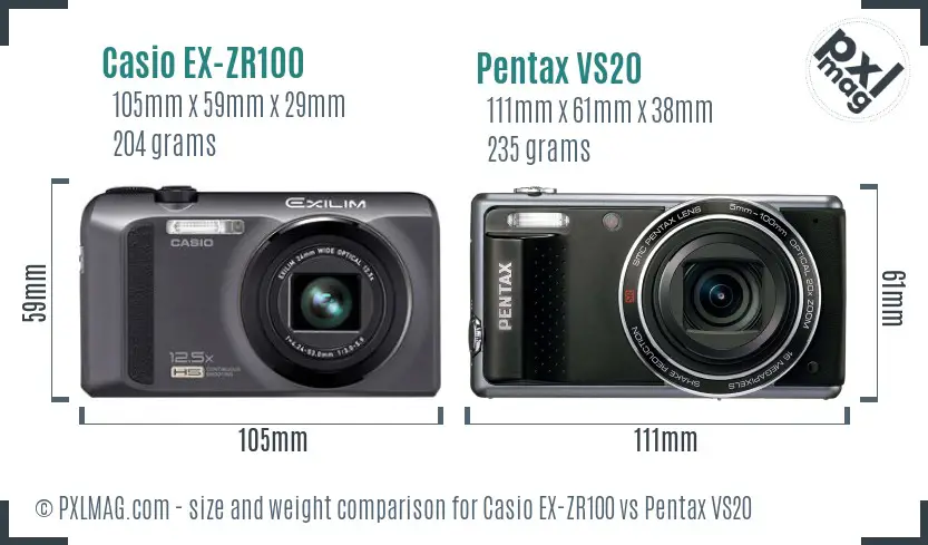 Casio EX-ZR100 vs Pentax VS20 size comparison
