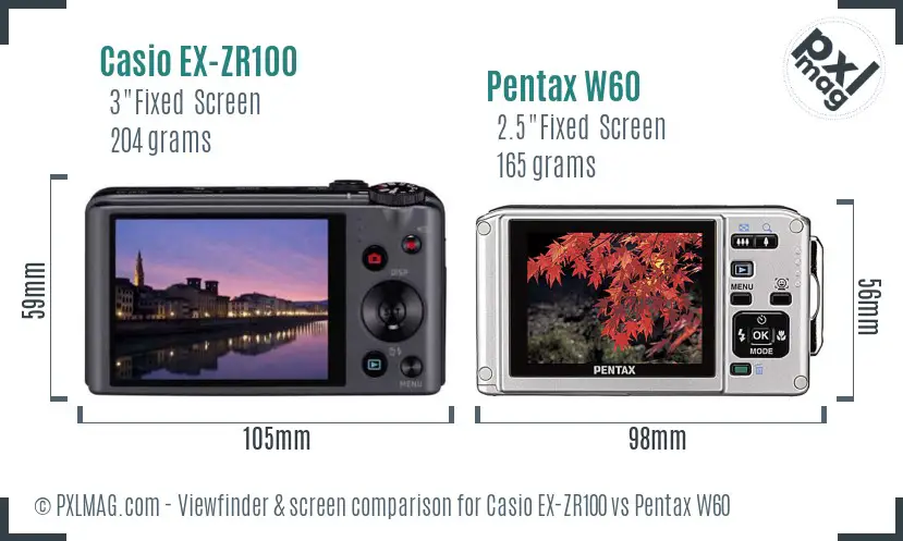 Casio EX-ZR100 vs Pentax W60 Screen and Viewfinder comparison