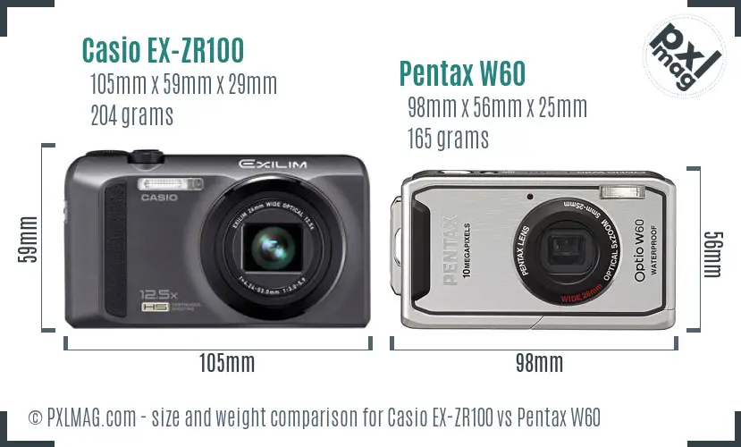Casio EX-ZR100 vs Pentax W60 size comparison