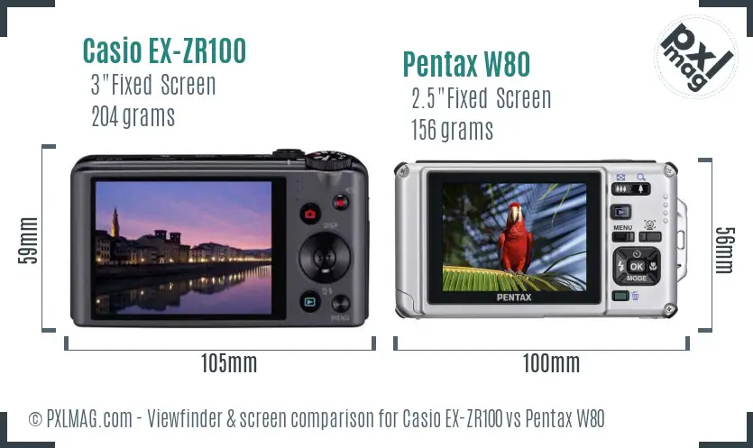 Casio EX-ZR100 vs Pentax W80 Screen and Viewfinder comparison