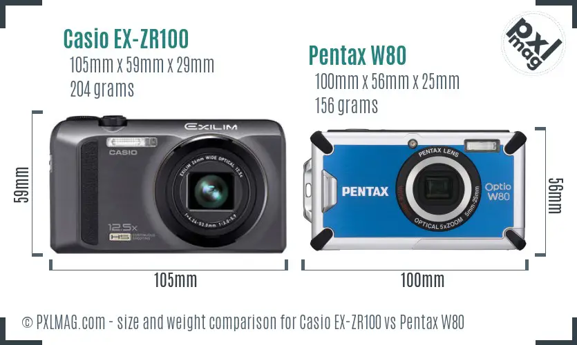 Casio EX-ZR100 vs Pentax W80 size comparison