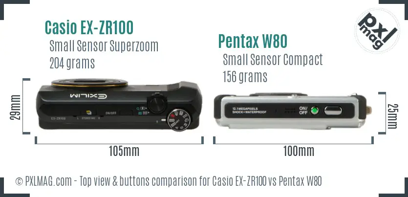 Casio EX-ZR100 vs Pentax W80 top view buttons comparison