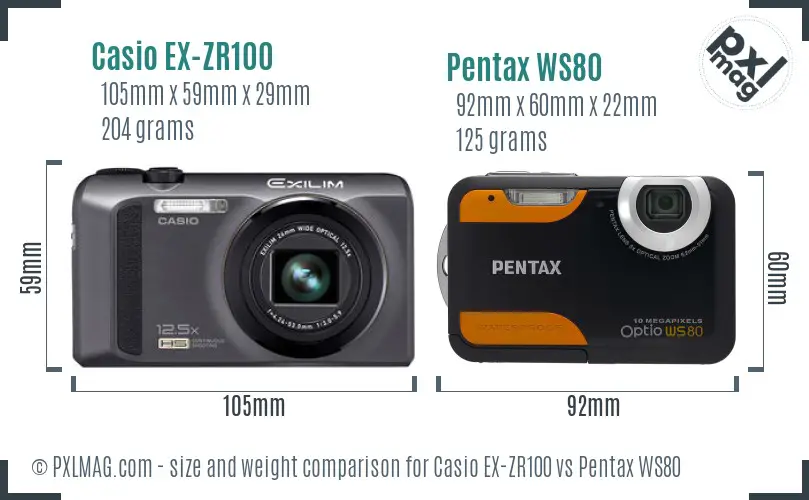 Casio EX-ZR100 vs Pentax WS80 size comparison Casio EX-ZR100 vs Pentax WS80 size comparison