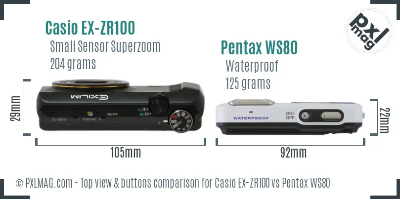 Casio EX-ZR100 vs Pentax WS80 top view buttons comparison Casio EX-ZR100 vs Pentax WS80 top view buttons comparison