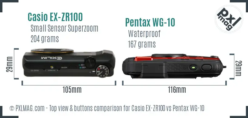 Casio EX-ZR100 vs Pentax WG-10 top view buttons comparison Casio EX-ZR100 vs Pentax WG-10 top view buttons comparison