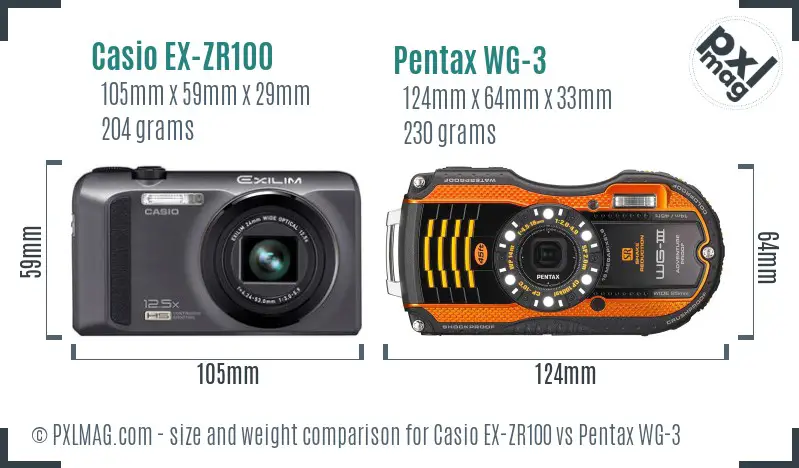 Casio EX-ZR100 vs Pentax WG-3 size comparison