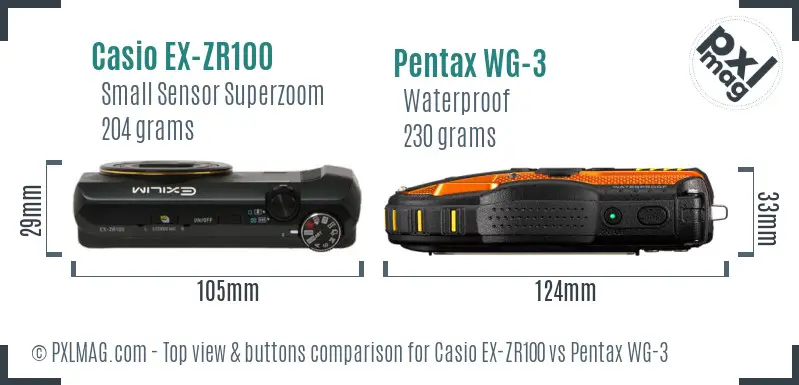 Casio EX-ZR100 vs Pentax WG-3 top view buttons comparison