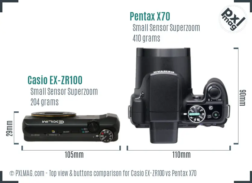 Casio EX-ZR100 vs Pentax X70 top view buttons comparison