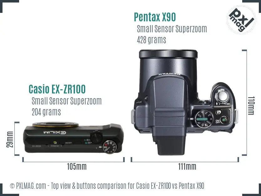 Casio EX-ZR100 vs Pentax X90 top view buttons comparison
