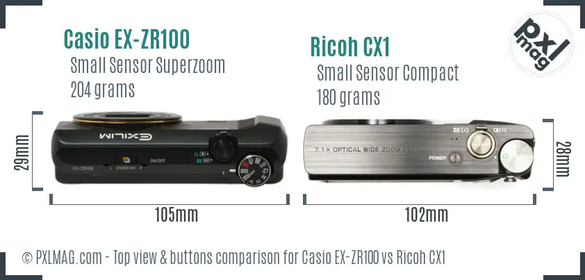 Casio EX-ZR100 vs Ricoh CX1 top view buttons comparison Casio EX-ZR100 vs Ricoh CX1 top view buttons comparison