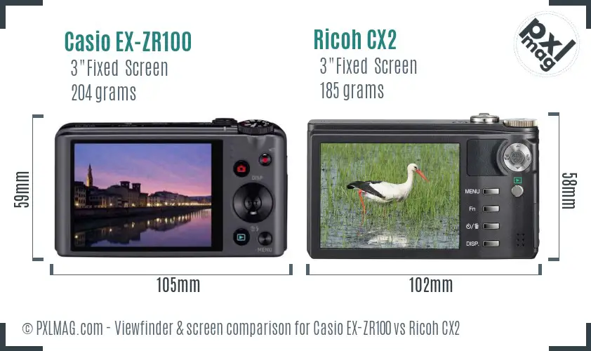 Casio EX-ZR100 vs Ricoh CX2 Screen and Viewfinder comparison