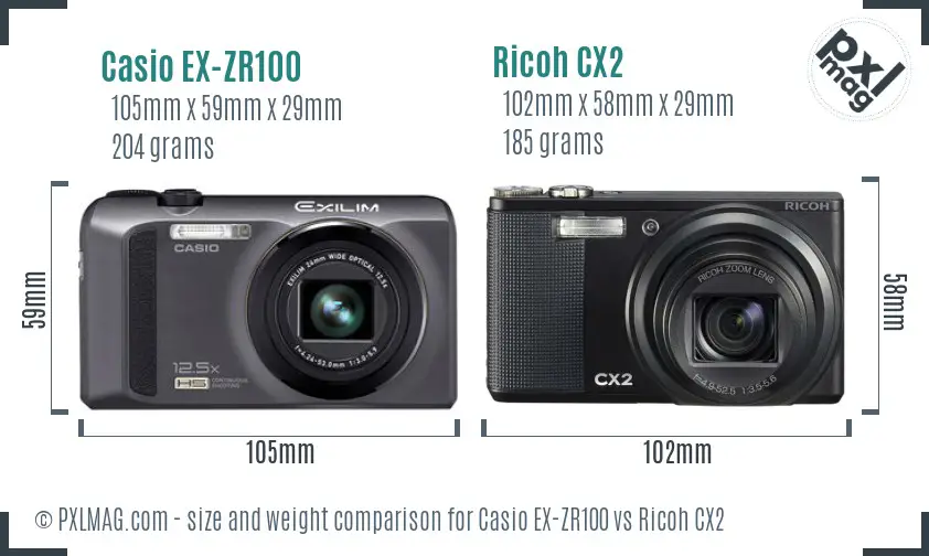 Casio EX-ZR100 vs Ricoh CX2 size comparison