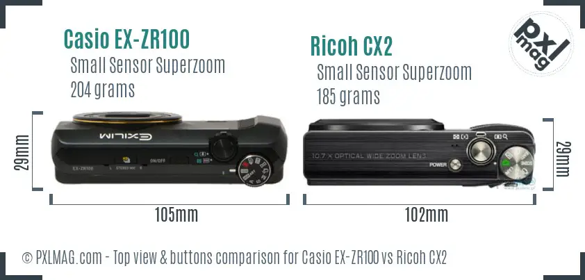 Casio EX-ZR100 vs Ricoh CX2 top view buttons comparison