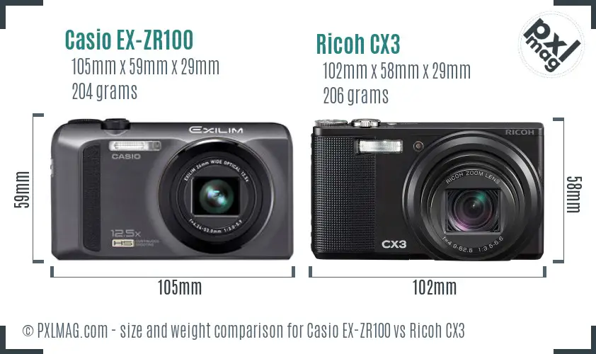 Casio EX-ZR100 vs Ricoh CX3 size comparison