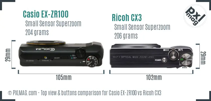 Casio EX-ZR100 vs Ricoh CX3 top view buttons comparison