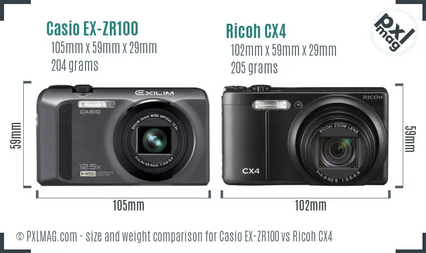 Casio EX-ZR100 vs Ricoh CX4 size comparison Casio EX-ZR100 vs Ricoh CX4 size comparison