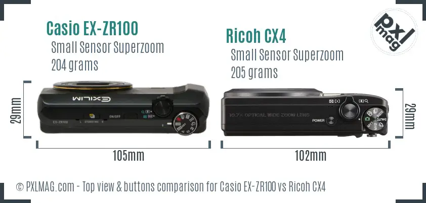 Casio EX-ZR100 vs Ricoh CX4 top view buttons comparison Casio EX-ZR100 vs Ricoh CX4 top view buttons comparison