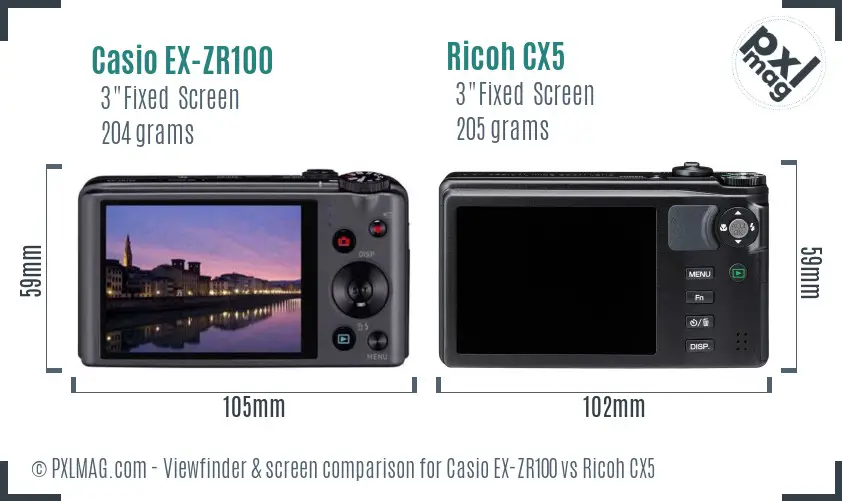 Casio EX-ZR100 vs Ricoh CX5 Screen and Viewfinder comparison