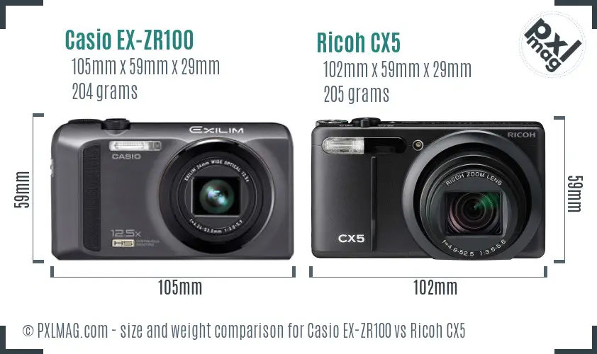 Casio EX-ZR100 vs Ricoh CX5 size comparison