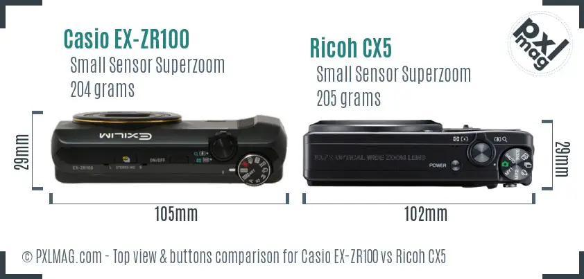 Casio EX-ZR100 vs Ricoh CX5 top view buttons comparison