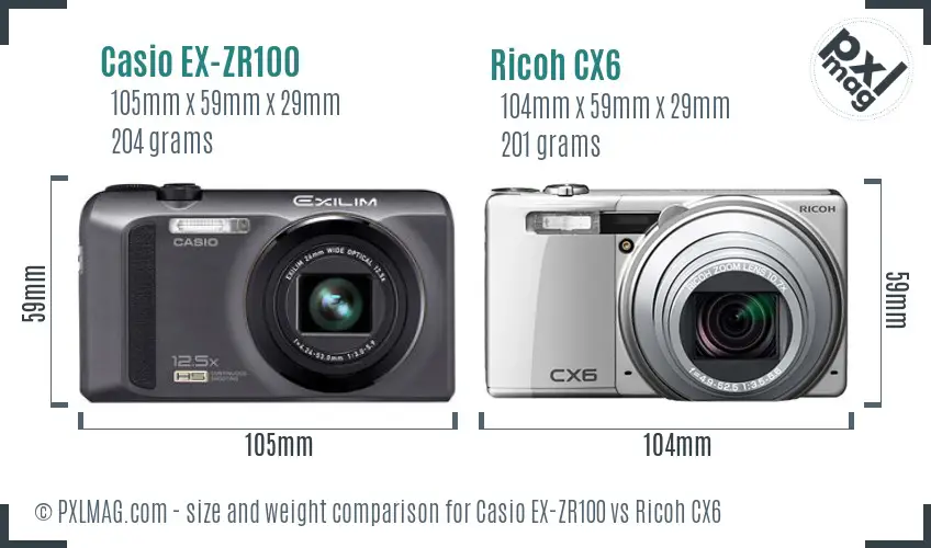 Casio EX-ZR100 vs Ricoh CX6 size comparison