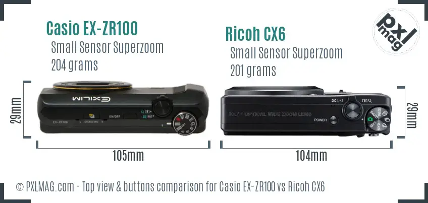 Casio EX-ZR100 vs Ricoh CX6 top view buttons comparison