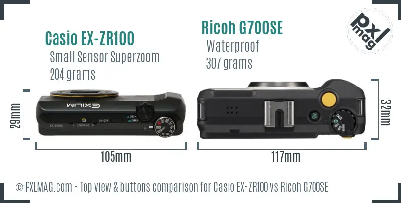 Casio EX-ZR100 vs Ricoh G700SE top view buttons comparison