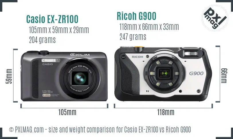 Casio EX-ZR100 vs Ricoh G900 size comparison