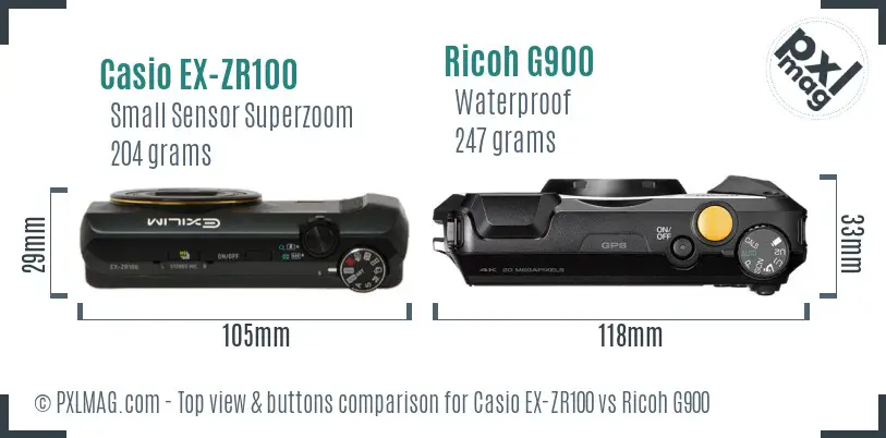 Casio EX-ZR100 vs Ricoh G900 top view buttons comparison