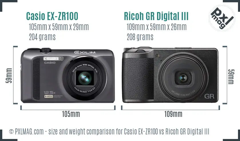 Casio EX-ZR100 vs Ricoh GR Digital III size comparison Casio EX-ZR100 vs Ricoh GR Digital III size comparison