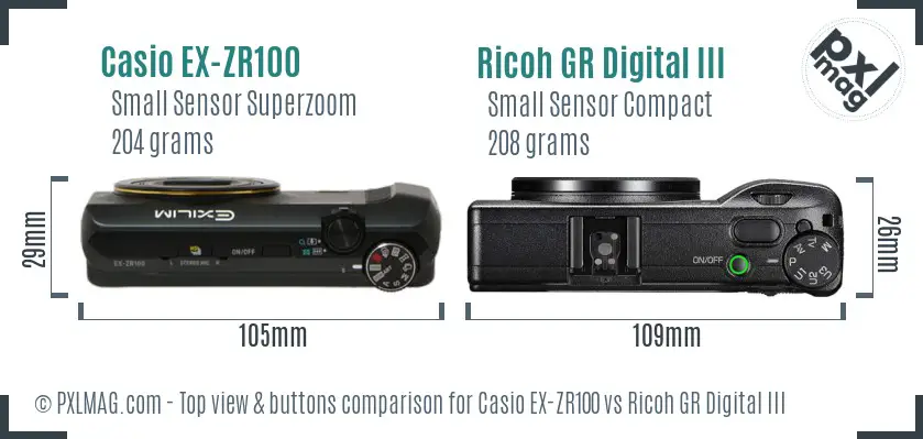 Casio EX-ZR100 vs Ricoh GR Digital III top view buttons comparison Casio EX-ZR100 vs Ricoh GR Digital III top view buttons comparison