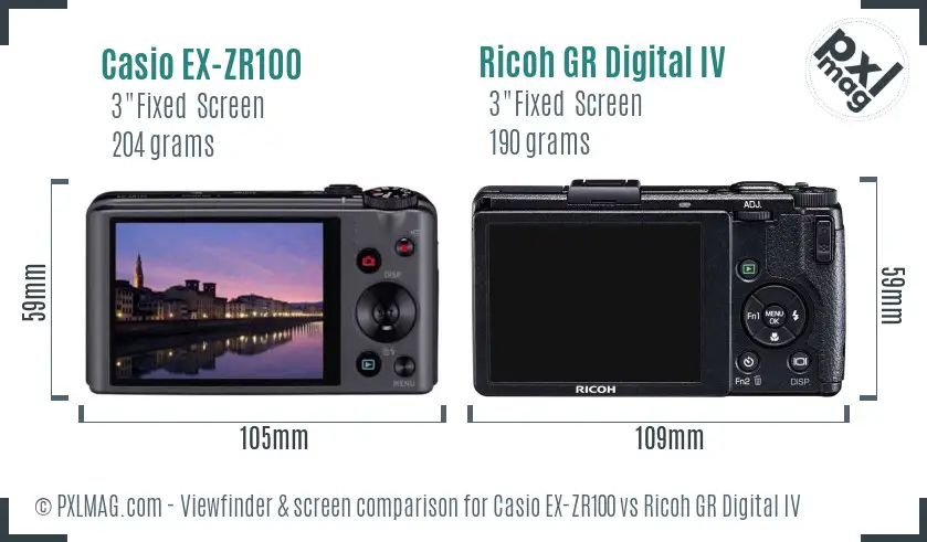 Casio EX-ZR100 vs Ricoh GR Digital IV Screen and Viewfinder comparison