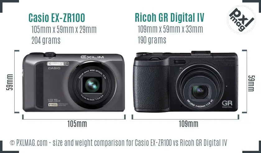 Casio EX-ZR100 vs Ricoh GR Digital IV size comparison