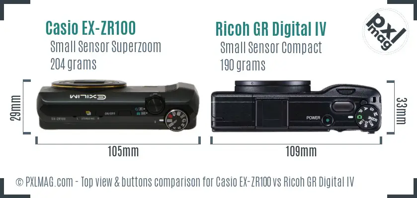 Casio EX-ZR100 vs Ricoh GR Digital IV top view buttons comparison