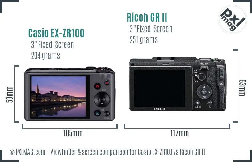 Casio EX-ZR100 vs Ricoh GR II Screen and Viewfinder comparison