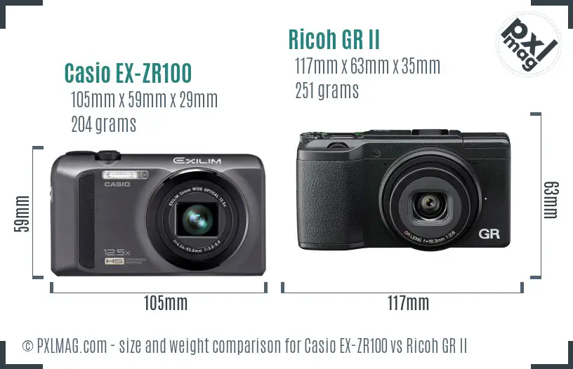 Casio EX-ZR100 vs Ricoh GR II size comparison