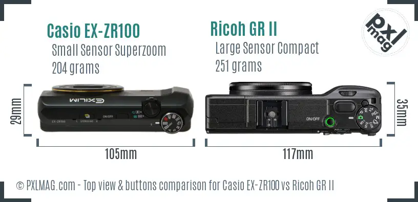 Casio EX-ZR100 vs Ricoh GR II top view buttons comparison