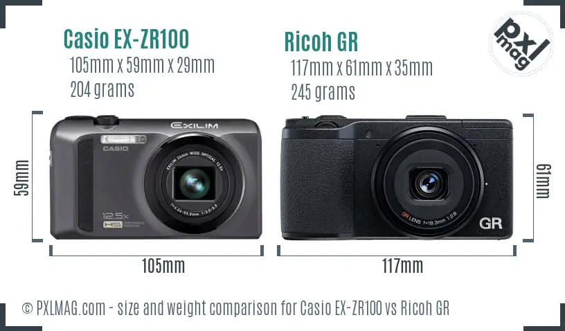 Casio EX-ZR100 vs Ricoh GR size comparison