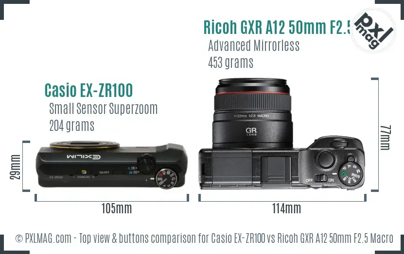 Casio EX-ZR100 vs Ricoh GXR A12 50mm F2.5 Macro top view buttons comparison Casio EX-ZR100 vs Ricoh GXR A12 50mm F2.5 Macro top view buttons comparison