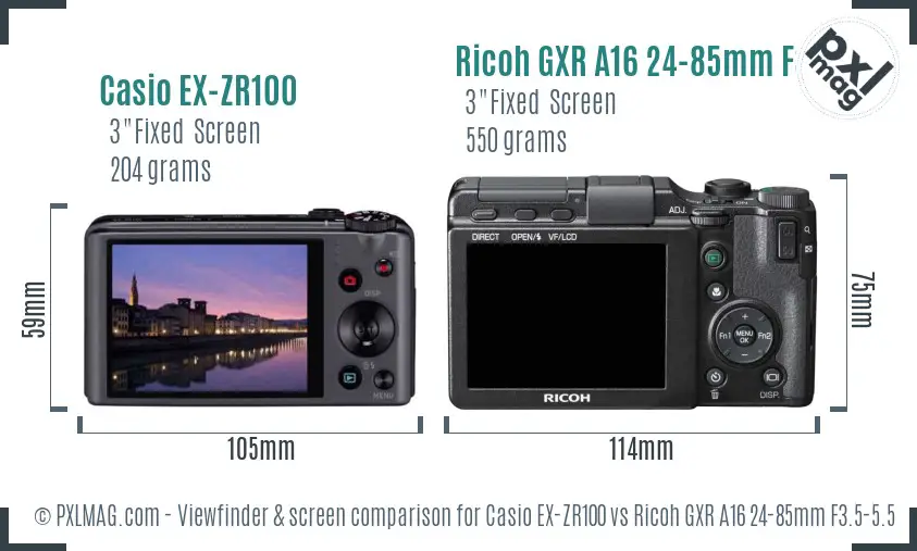 Casio EX-ZR100 vs Ricoh GXR A16 24-85mm F3.5-5.5 Screen and Viewfinder comparison