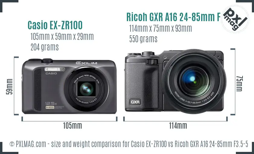 Casio EX-ZR100 vs Ricoh GXR A16 24-85mm F3.5-5.5 size comparison